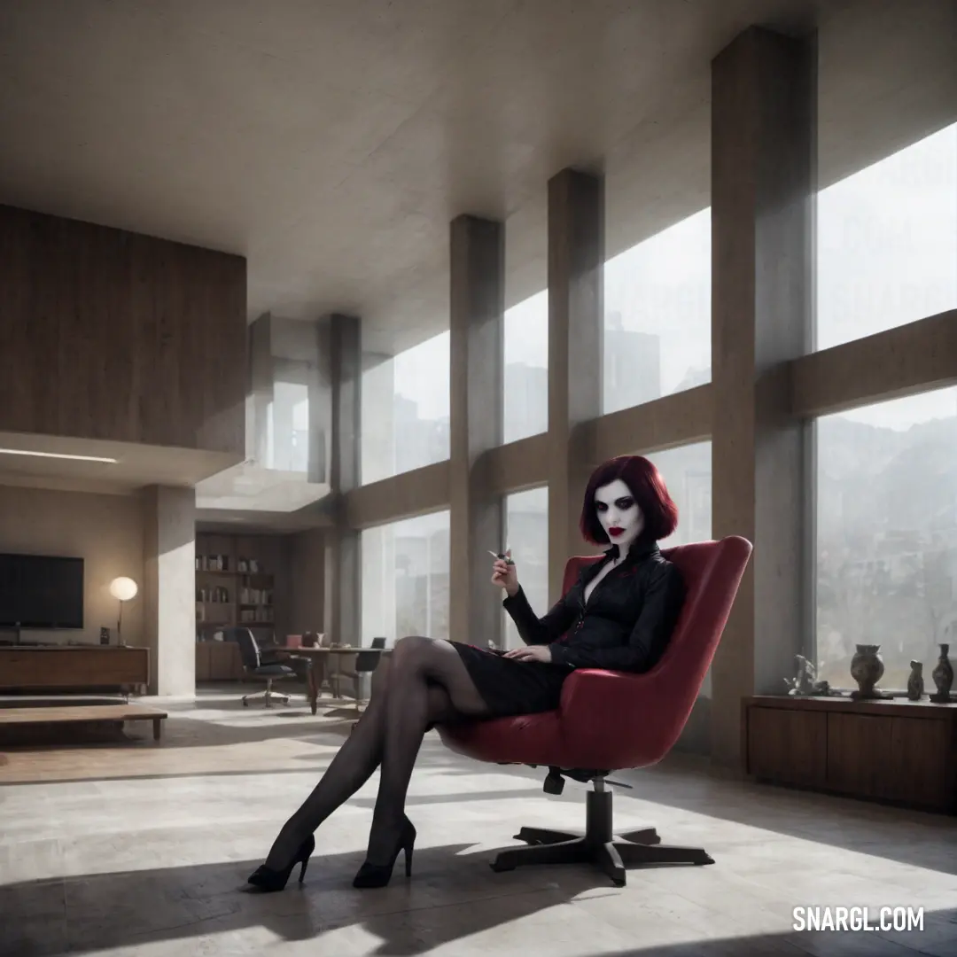 Vampire in a black suit and red hair in a red chair in a large room
