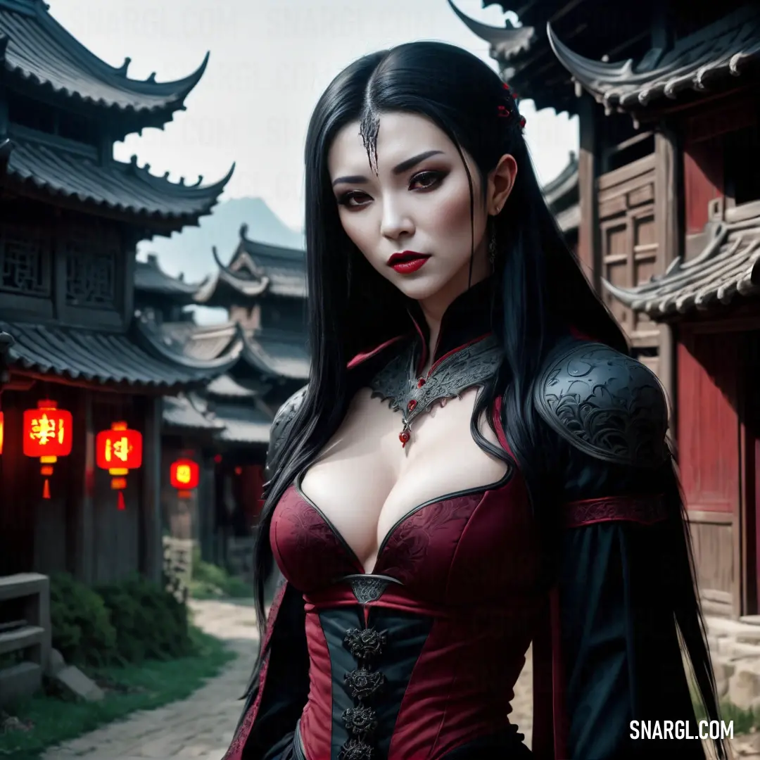 Vampire in a red and black outfit standing in front of a building with oriental lights behind her