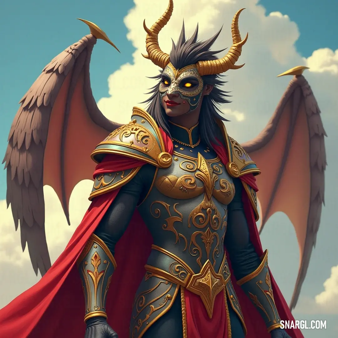 An enigmatic figure in a dramatic costume with horns and wings, enveloped in shadows and magic. An enigmatic figure clad in a dramatic costume, complete with horns and delicate wings, stands in an aura of mystique, ready to unleash hidden powers while surrounded by an otherworldly backdrop of shadows and magic.