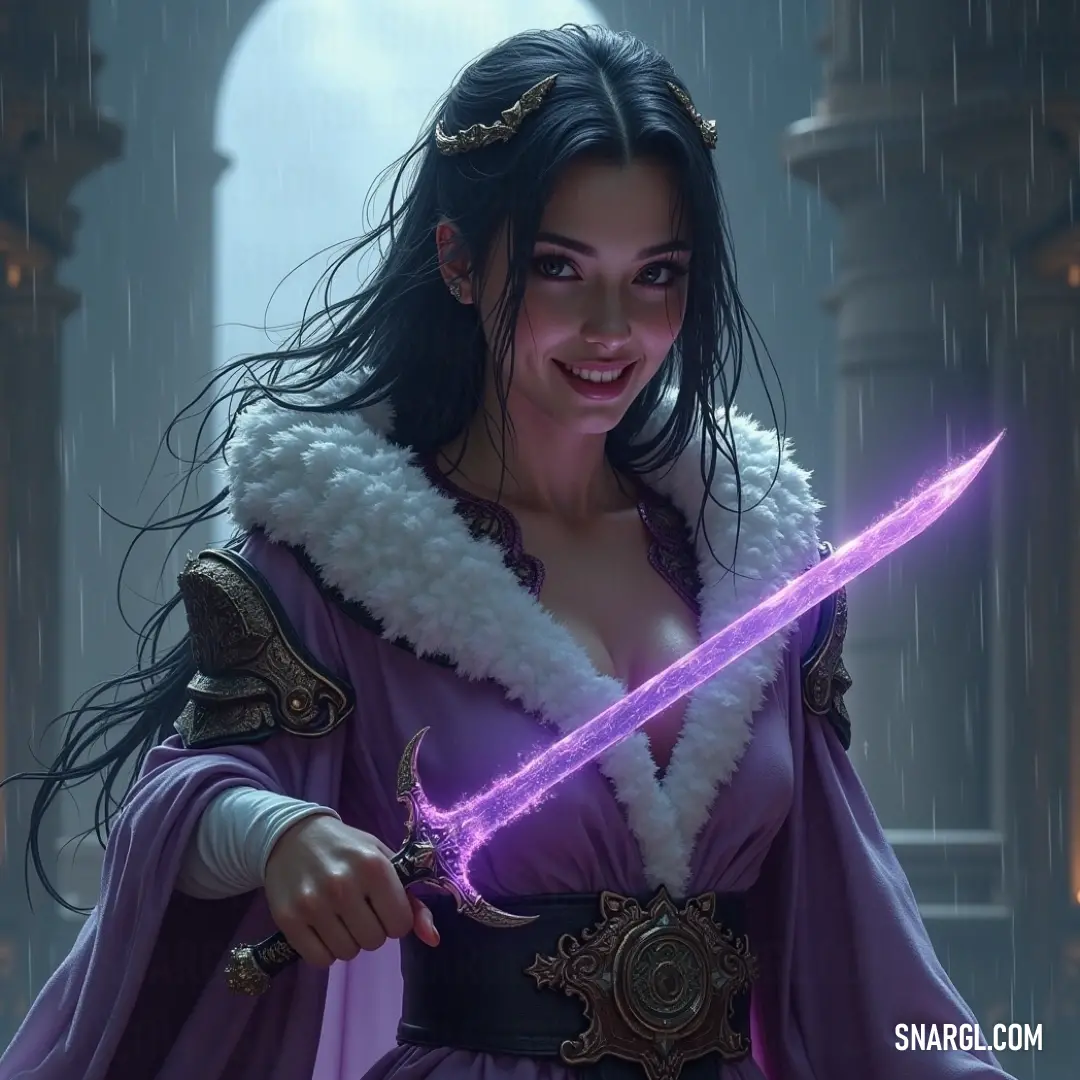 A captivating character adorned in a vibrant purple dress wields a purple sword, commanding attention as the rain cascades around her, blending beauty with an aura of strength in a tempestuous environment. A striking figure dressed in a dramatic purple gown grips a matching sword, as torrents of rain surround her, giving off an air of mystery and power amidst the storm.