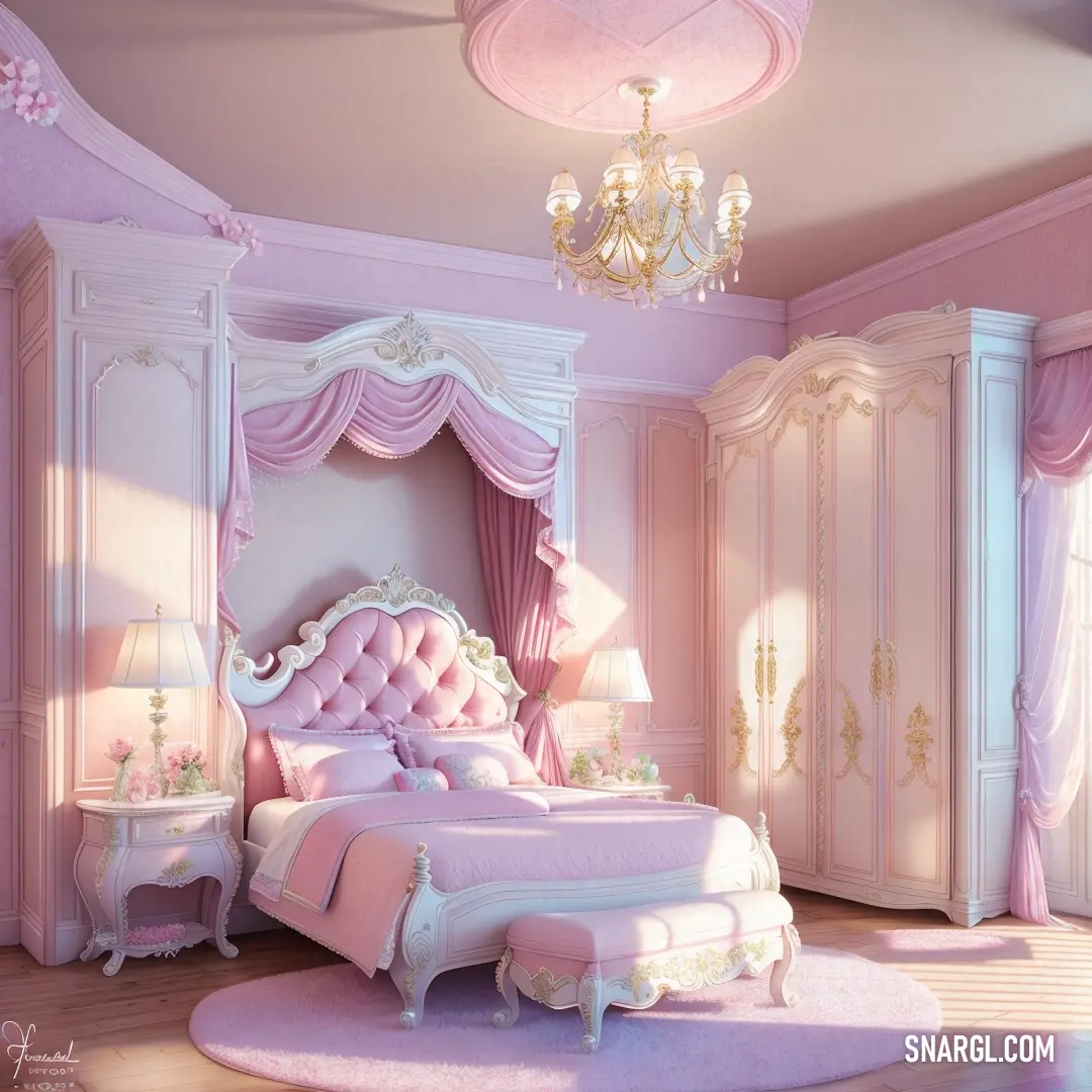 Bedroom with a pink bed and a chandelier and a pink rug on the floor and a chandelier hanging from the ceiling