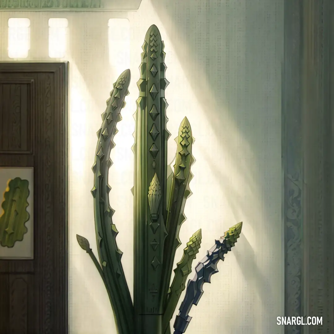 Green plant in a vase on a table in a room with a door and a window behind it. Example of #F3E5AB color.