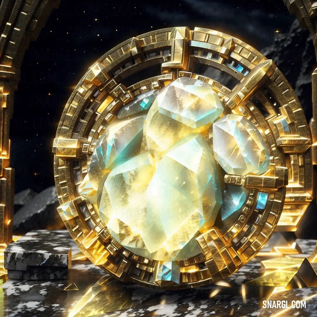 Large yellow diamond surrounded by smaller gold and blue diamonds in a space setting with a black background and a star