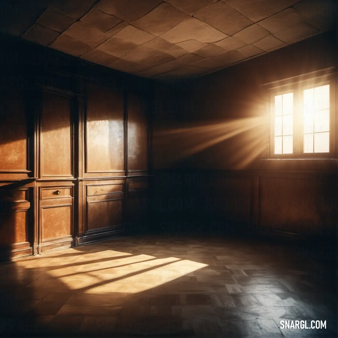 Room with a window and a shelf with a light coming through it and a tile floor with a wooden paneling. Color CMYK 0,6,30,5.