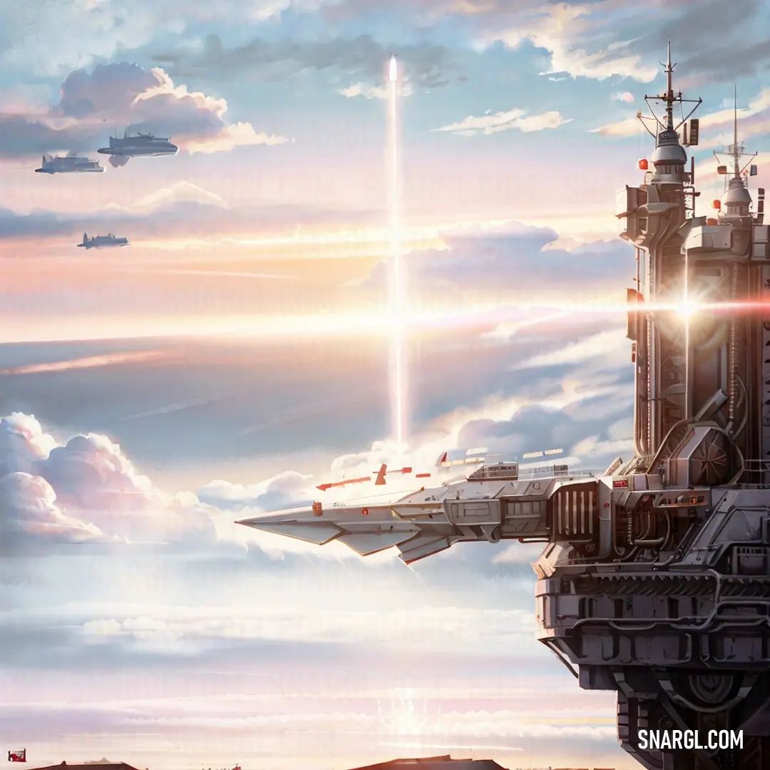 Sci - fi fighter jet flying over a city in the sky with a beam of light coming from it