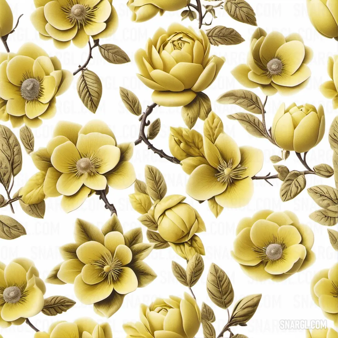 Yellow flower pattern on a white background with leaves and flowers on it