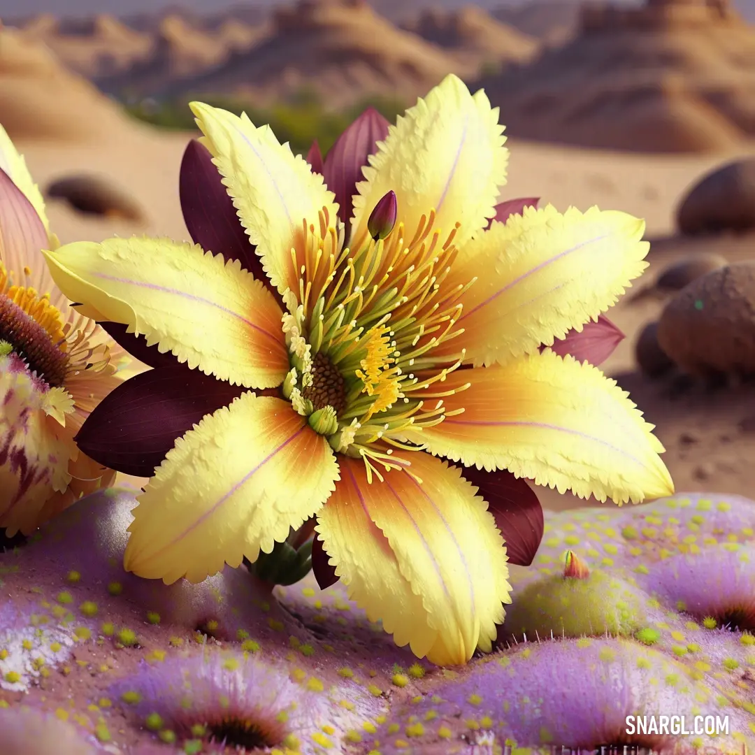 Yellow flower with purple petals on a rock covered ground with rocks in the background and a purple