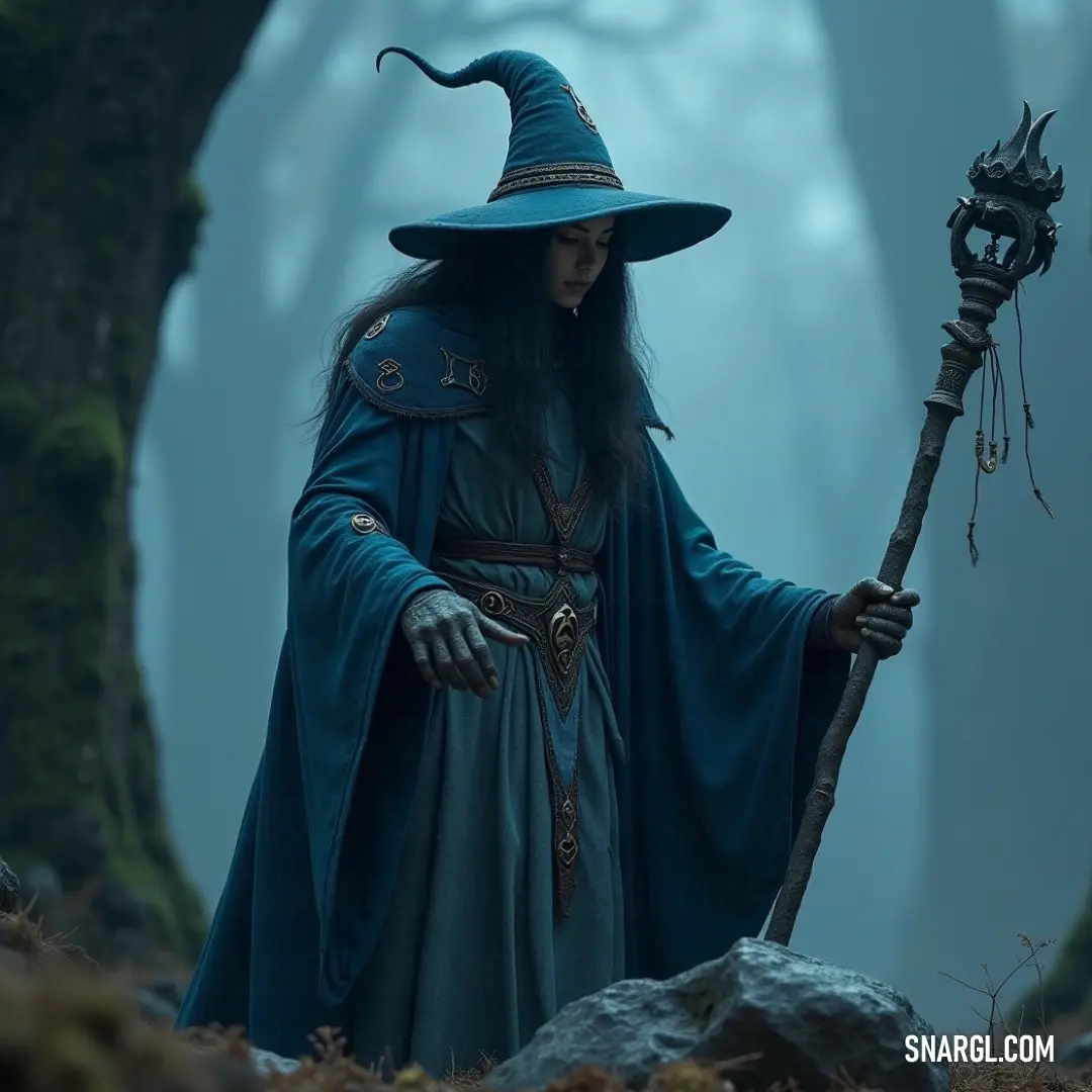 A mystical figure in a blue costume holds a glowing staff in the heart of a fog-filled forest, the surrounding trees casting long, eerie shadows. A figure dressed in a striking blue costume, holding a staff in a foggy forest. The mist weaves between the trees, adding an air of mystery to the scene as the staff glows faintly in the soft light.