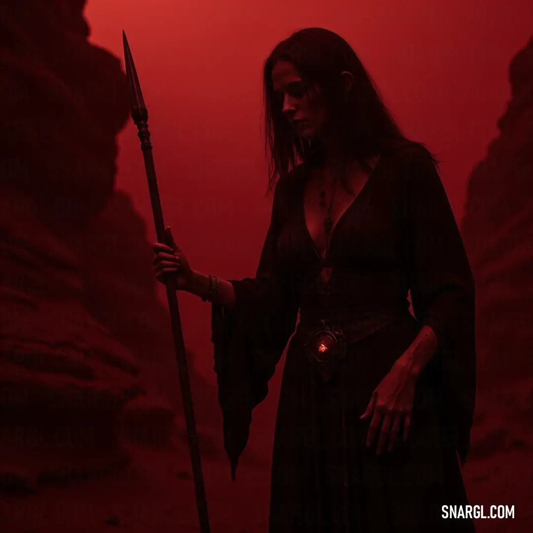 A figure in dark attire clasping a long staff stands boldly in a striking red-lit environment, commanding attention. In a striking red-lit environment, a figure cloaked in a dark dress confidently grips a long staff, illuminating her fierce presence, as shadows dance around her, creating a captivating interplay of light and dark.