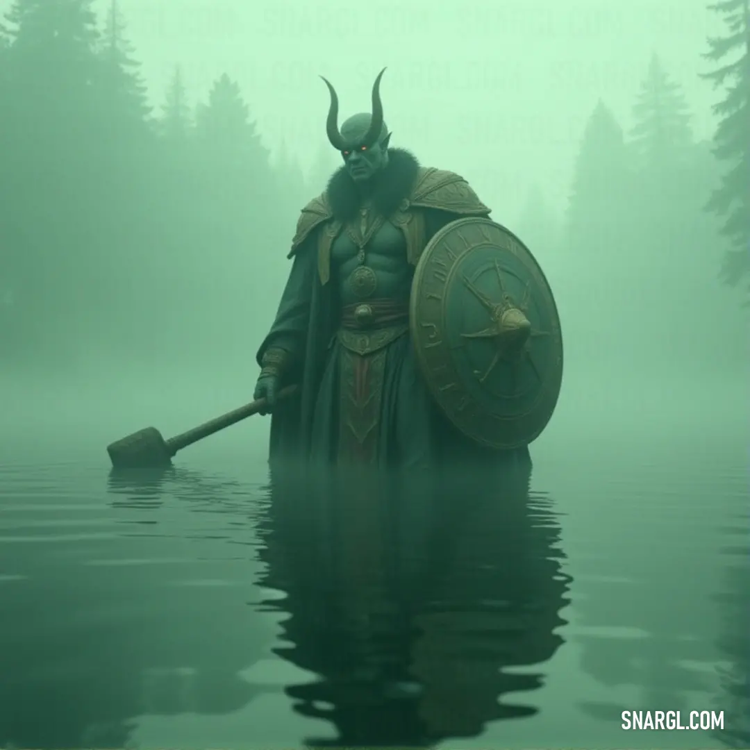 A warrior in full costume stands knee-deep in water, armed with a shield and spear, their helmet gleaming as they prepare for battle. A figure in a costume stands in the water, holding a shield in one hand and a spear in the other. Their helmeted head gleams in the light as they stand tall and proud, their form a striking silhouette against the tranquil water surrounding them.