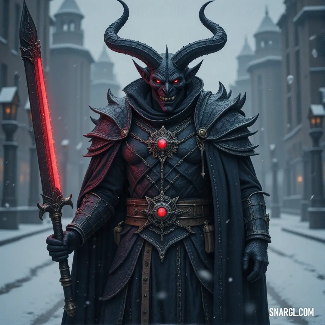 A warrior in a horned costume holds a sword and a red lightsaber, standing in a snowy city where ancient power meets futuristic technology. A formidable figure in a horned costume stands in a snowy city, gripping a sword in one hand and a red lightsaber in the other. The scene is dynamic, as the city around them is bathed in the glow of their weaponry, blending ancient and futuristic elements