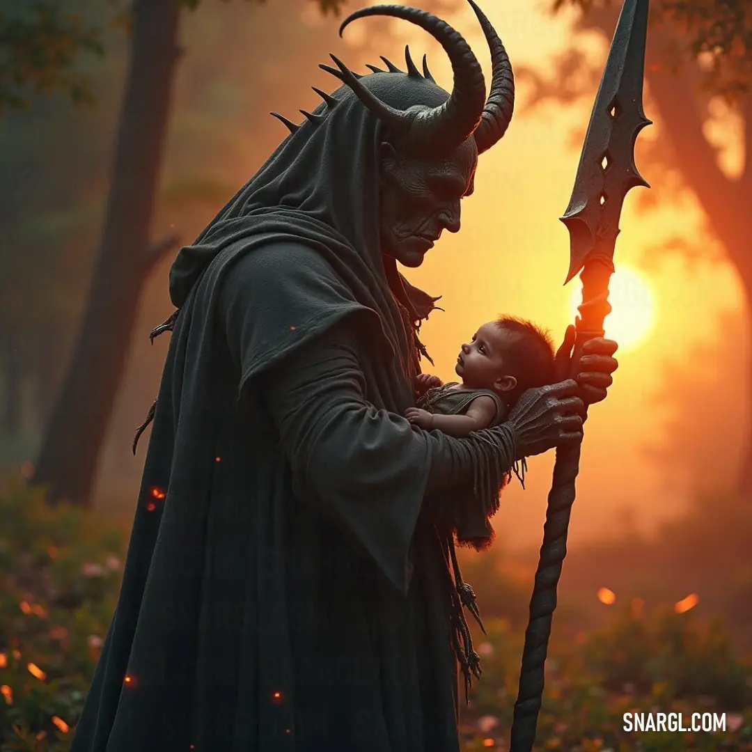 Vapula: The Gentle Guardian of the Woodland Realm Within a mystical forest, Vapula cradles a child in his arms, blending a gentleness rarely seen in his horned demeanor, creating a surreal tableau that balances the tender and the terrifying, captivating the imaginations of those who behold it.
