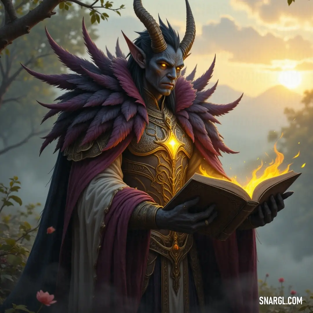 Vapula: The Whimsical Scholar of Shadows and Magic Vapula, clad in a striking costume and adorned with protruding horns, balances a book in one hand while a small demon perches playfully on his shoulder, forming an unusual duo that effortlessly embodies the whimsical and the sinister in a vivid forest bac