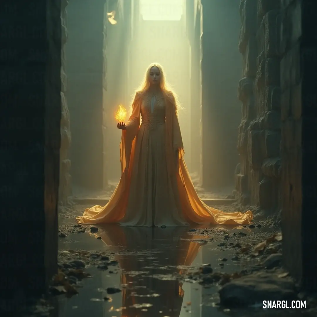 An evocative scene of a figure dressed in yellow, holding a candle that casts a comforting light in a darkened room, inviting contemplation and warmth. In a dimly lit room, a figure in a flowing yellow dress holds a candle, the flickering flame casting a warm, inviting glow that illuminates her delicate features and the doorway shrouded in shadows.
