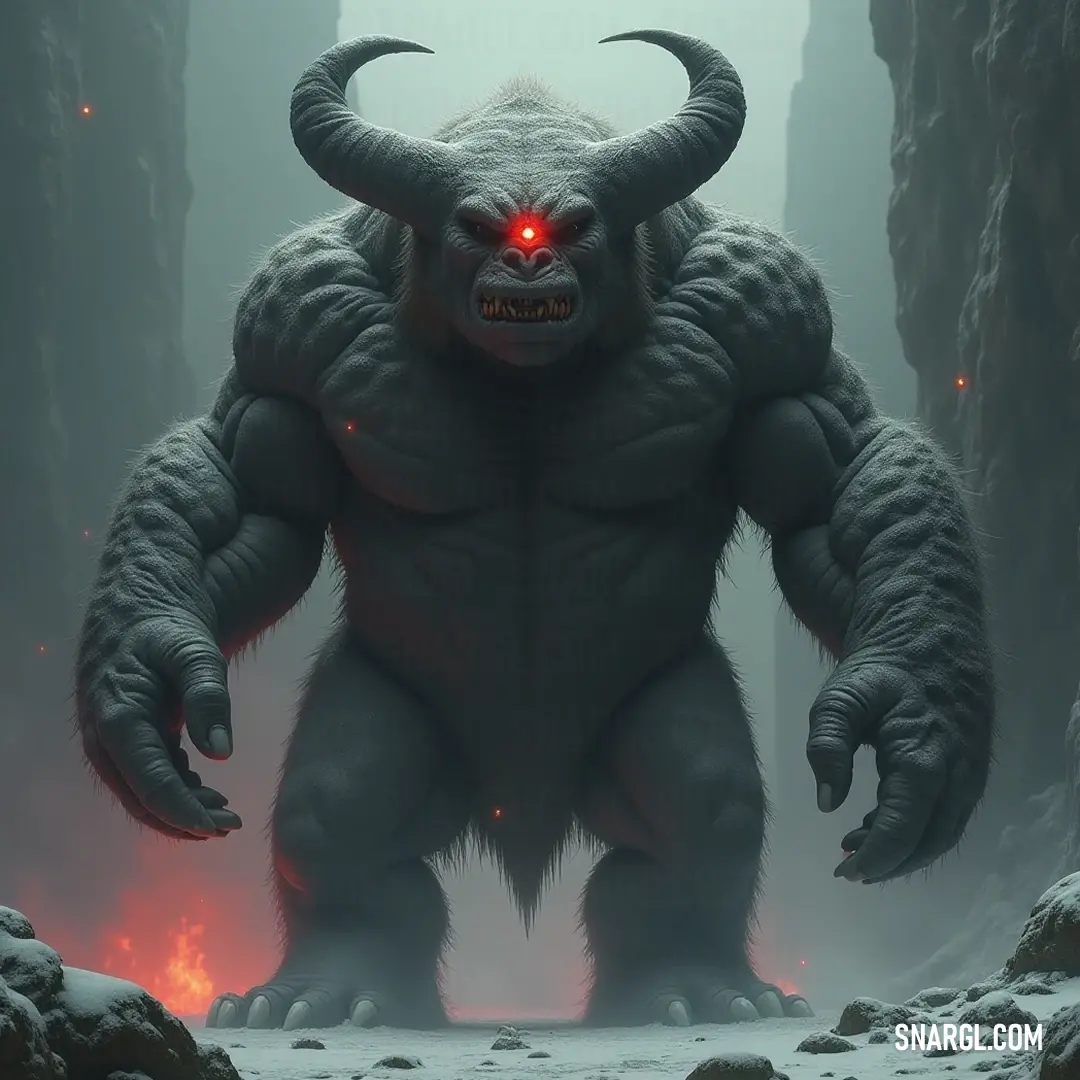 A striking Giant Vark in a snowy forest with captivating eyes. A giant Vark, with its mesmerizing glowing eyes and an eerie red eye at its center, surveys a snowy forest landscape, its massive form blending with the icy terrain, foreboding and magnificent.