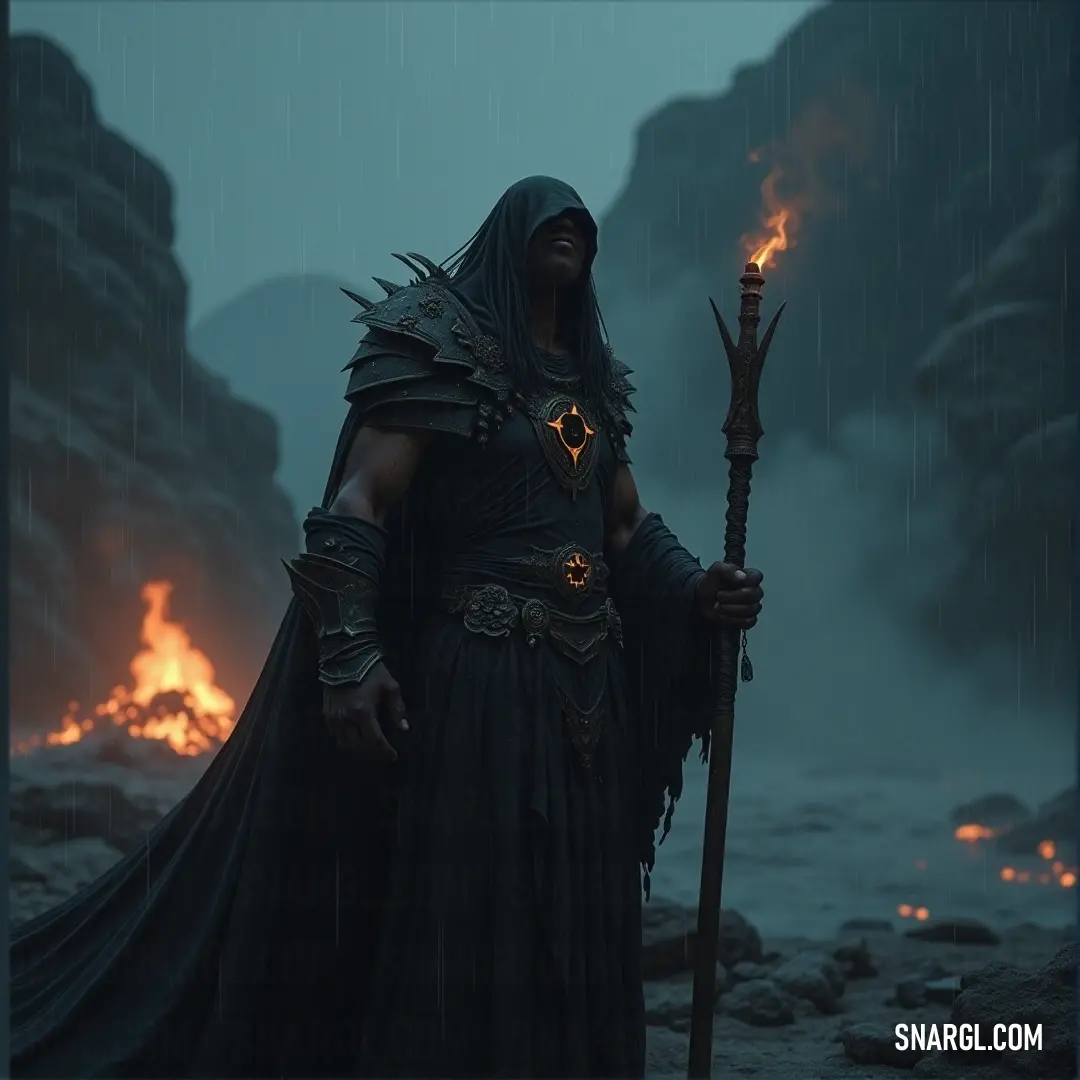 Varric, in his shadowy attire, holds a staff and flame, casting an ethereal light in the midst of an eerie, dark atmosphere. Varric, clad in a black outfit, holds a staff with a flickering flame in one hand, standing amidst a dark environment, exuding a sense of magic and mystery.