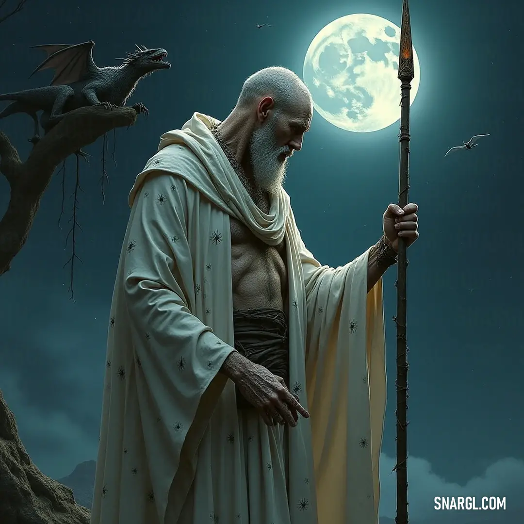 Beneath the glow of the full moon, Varys stands with a powerful staff in front of a gnarled tree, its bats fluttering against the nighttime sky, all cloaked in an aura of mystery and ancient magic. Varys, holding a staff that glows under a full moon, stands poised before a towering tree adorned with bats, the ancient branches reach out like skeletal fingers against the night sky, hinting at the secrets hidden within the darkness.