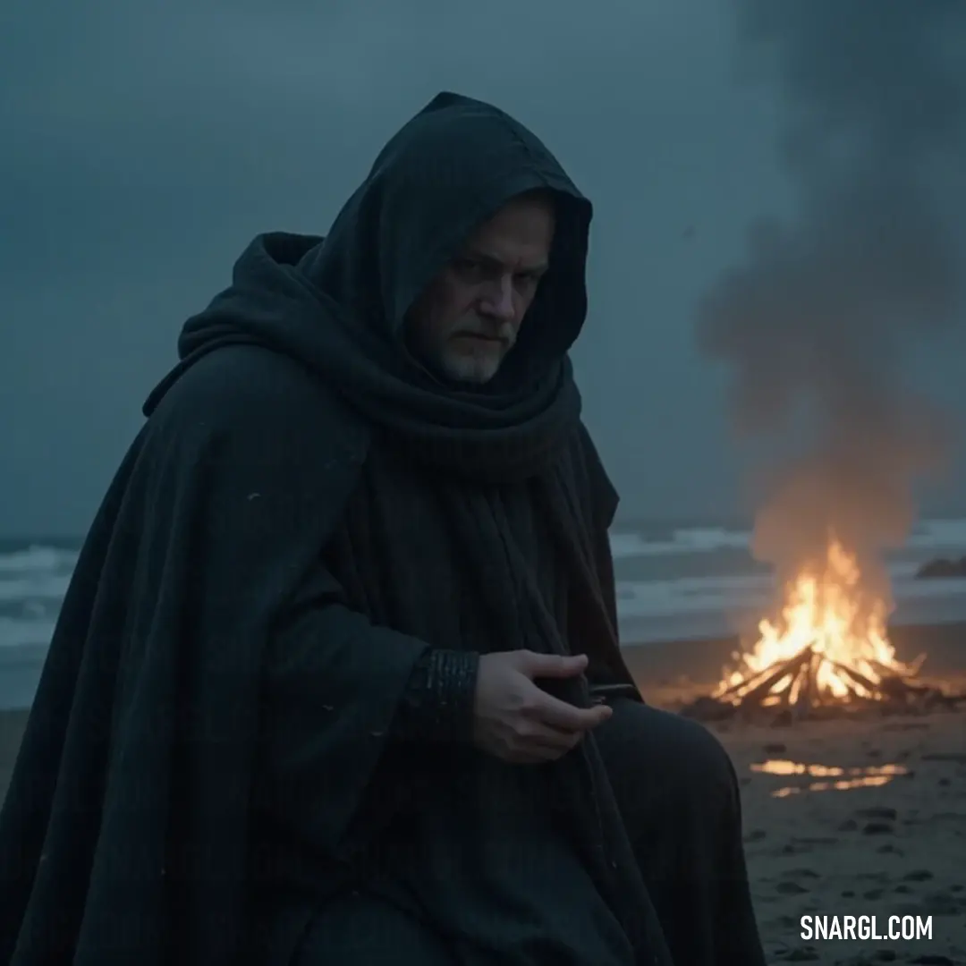 A mysterious figure in a black cloak stands by a fire pit on a beach, shrouded in shadows with swirling smoke in the background. A shadowy figure in a black cloak stands on a remote beach, illuminated by the flickering light of a fire pit. Black smoke billows ominously in the background, adding an element of tension and foreboding to the scene, as waves lap at the shore.