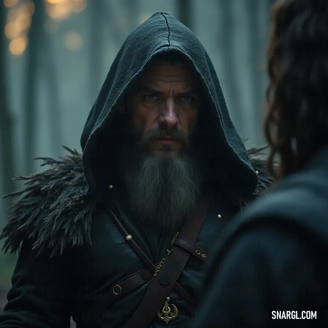 In a serene forest, a hooded figure with a beard stands thoughtfully, while a wise companion observes from the side. The quiet setting invites contemplation and the bond of shared adventures.