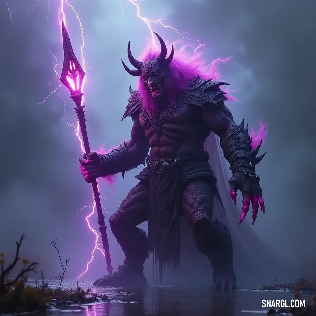 A striking Vashtaar with a horned head holds a glowing stick and a lightning staff, radiating intense energy in a mystical dark environment. Vashtaar, adorned with a horned headpiece, grips two luminous objects - a lightning-inspiring stick and a glowing artefact - casting an enchanting light in an otherwise darkened realm. His fierce presence promises a clash of elemental forces, full of vibr