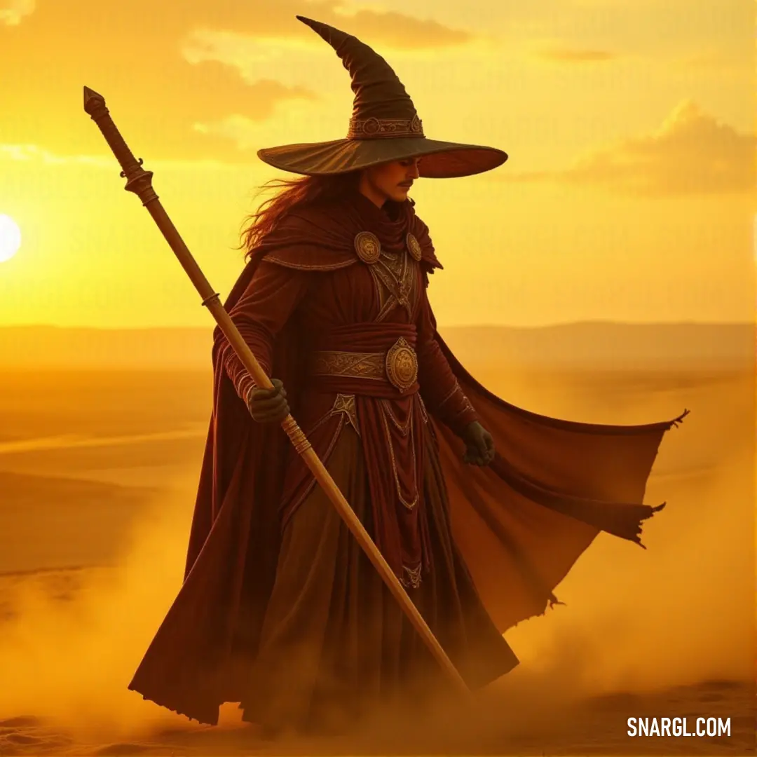 A solitary wizard in a desert, holding his staff and broom as the sun sets, painting the sky with vibrant colors. His figure is a contrast to the vast, empty space around him. A lone wizard stands in a vast desert at sunset, his staff in hand and broom at his side. The desert stretches endlessly, the setting sun casting an orange glow over the barren landscape.