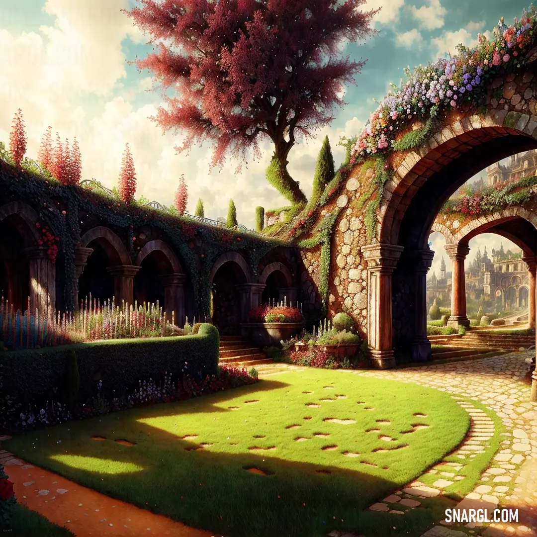 Painting of a garden with a tree and a stone arch in the center of the picture is a green lawn and a stone wall with a stone archway