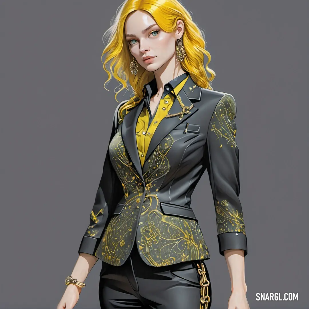 Woman in a suit with a yellow tie and a black jacket with a gold chain around her waist. Color #C5B358.