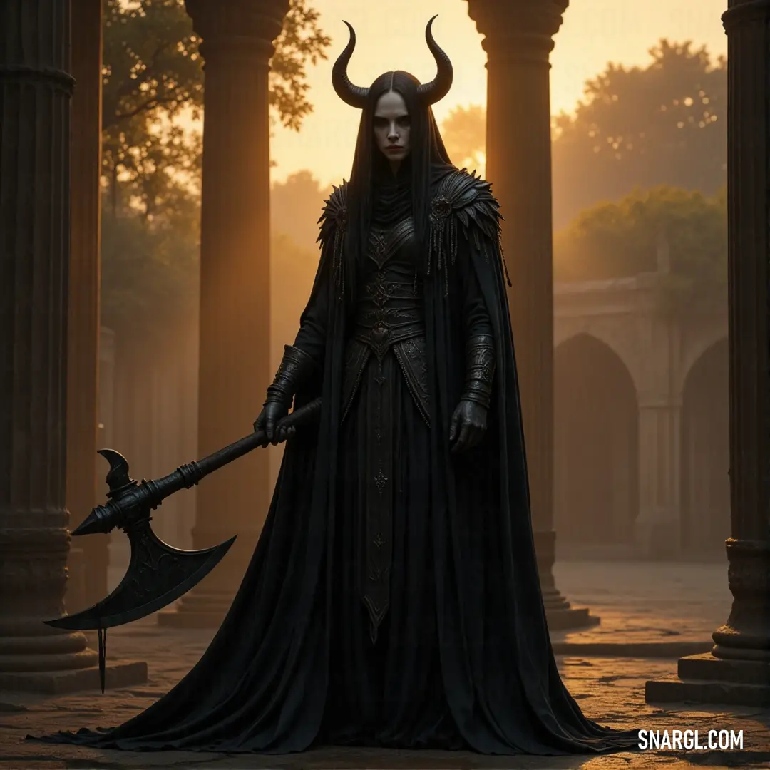 A veil wraith in dark attire, wielding a horned sword in an ancient courtyard with columns and pillars. A veil wraith, draped in black, holds an enormous horned sword with both hands. Standing in an ancient courtyard, its form contrasts with the weathered columns and pillars that surround it, a silent sentinel guarding the old stone.