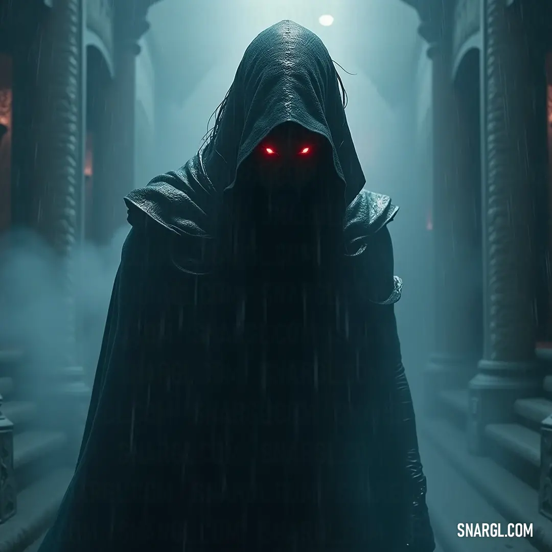 In a shrouded space of ethereal fog, the Veilwalker stands hauntingly aloof, his penetrating red eyes piercing through the mist, creating an aura of enigma that entwines history with the unknown. Veilwalker, a mysterious figure in a hooded cloak, reveals only glowing red eyes as he navigates a fog-laden expanse, accentuated by ancient columns that loom like sentinels from a bygone era.