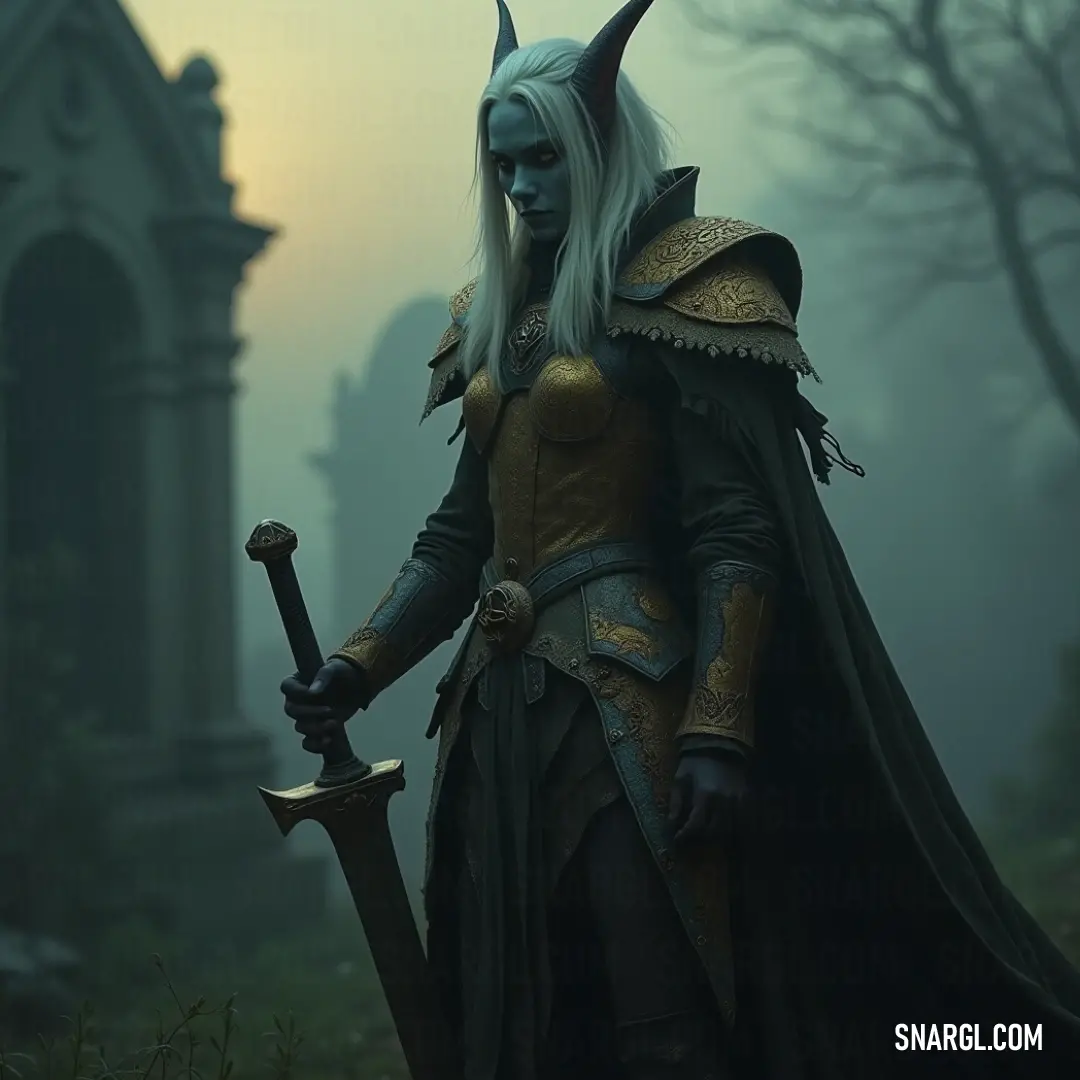 Vela, dressed in a detailed costume, holds a sword in the misty wilderness, with a distant building adding a mysterious backdrop to her powerful presence. A warrior named Vela stands confidently in a foggy landscape, gripping her sword with both hands. She’s dressed in an intricate costume, a mysterious building looming behind her as the mist swirls around her, creating an enigmatic and heroic atmosp
