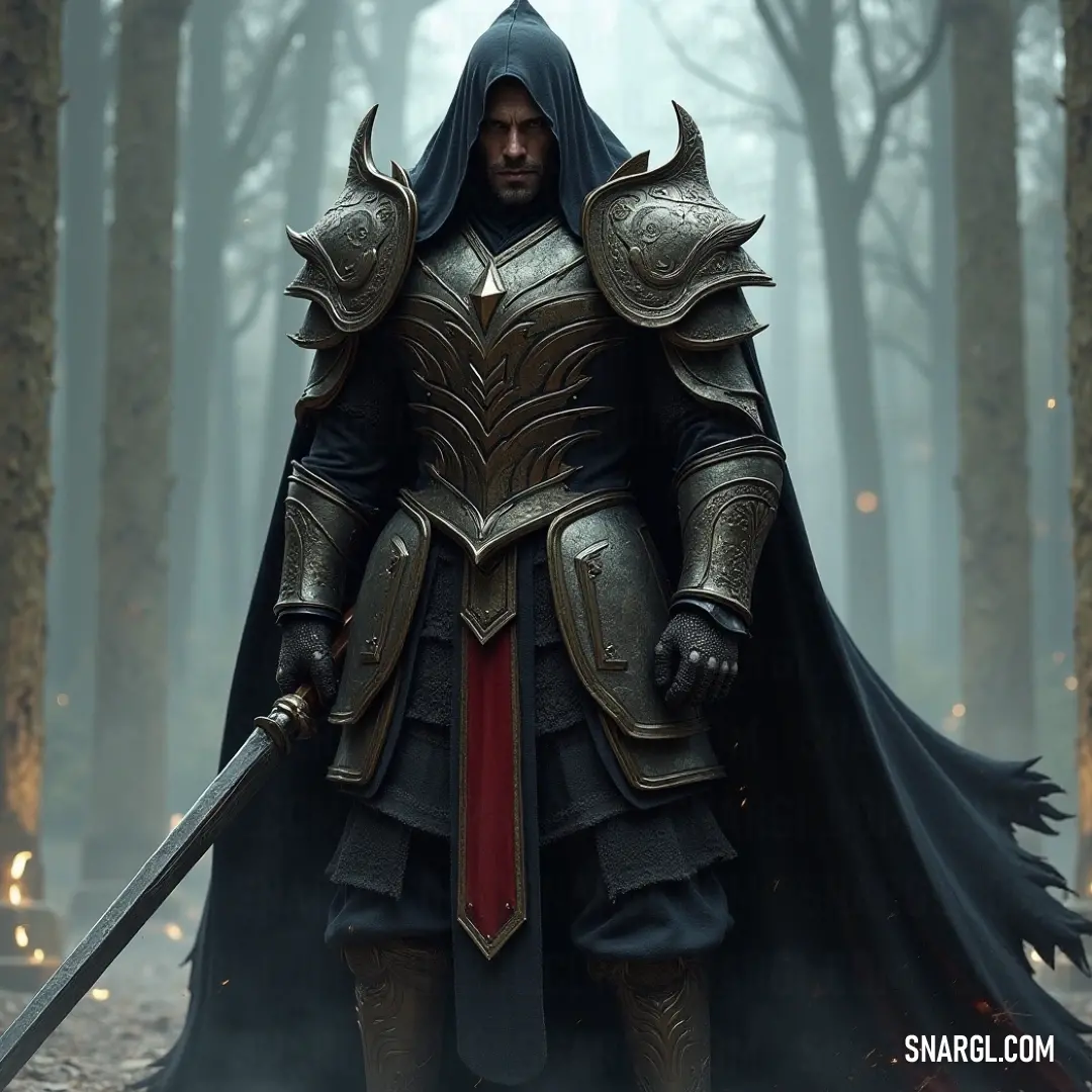 Veldrin, cloaked in a hooded suit and wielding a sword, stands alone in a foggy forest, awaiting the unknown. Veldrin, cloaked in a hooded suit, stands firm in a fog-filled forest. Her sword glints in the fog as the trees loom around her, creating a scene of quiet tension and anticipation, as if she is waiting for something to emerge from the mist.
