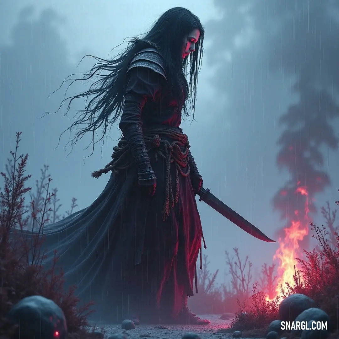 Veldrin in a black gown, holding a sword, stands amidst a foggy forest with an eerie red fire burning from her. Veldrin, dressed in an elegant black gown, stands boldly in a foggy forest. Her sword is drawn, and an eerie red fire emanates from her, casting an ominous glow on the mist around her, creating a surreal and powerful aura as she stands ready for whatever