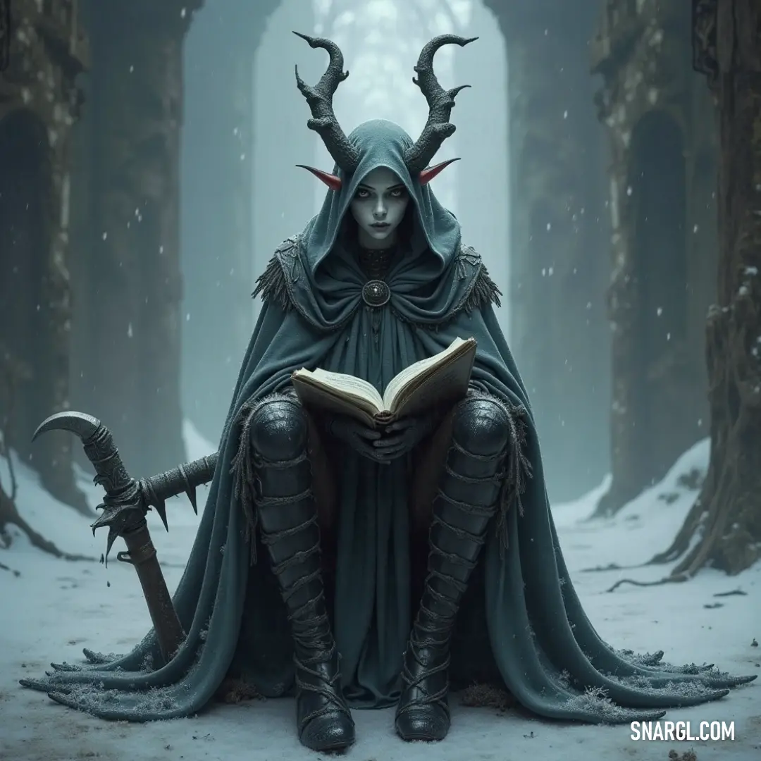 Veldrin, with horns and a book in her lap, enjoys a tranquil moment on a bench in a serene natural setting. Veldrin sits on a wooden bench, absorbed in a book resting in her lap, with elegant horns adorning her head. The peaceful moment contrasts with her mysterious appearance, as she seems to be lost in thought in a serene outdoor setting surrounded by nature.