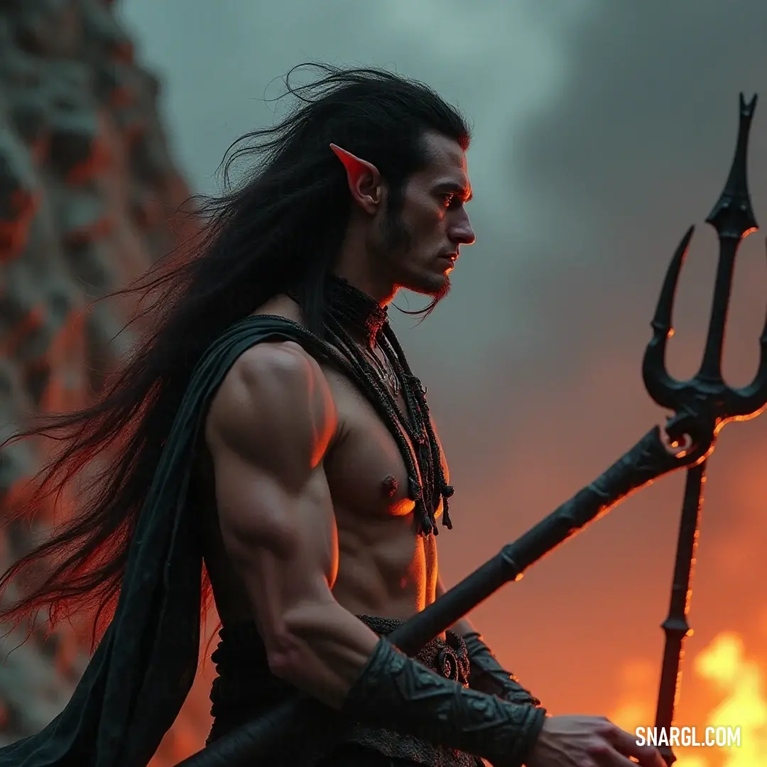 A dual-armed horned warrior stands ready, brandishing a staff and a sword in an enchanting realm. Long hair cascading down his shoulders, a horned warrior stands with a staff in one hand and a sword in the other, ready to face any adversary. The dual weapons symbolize his mastery of both magic and might, merging the realms of fantasy within the vibran