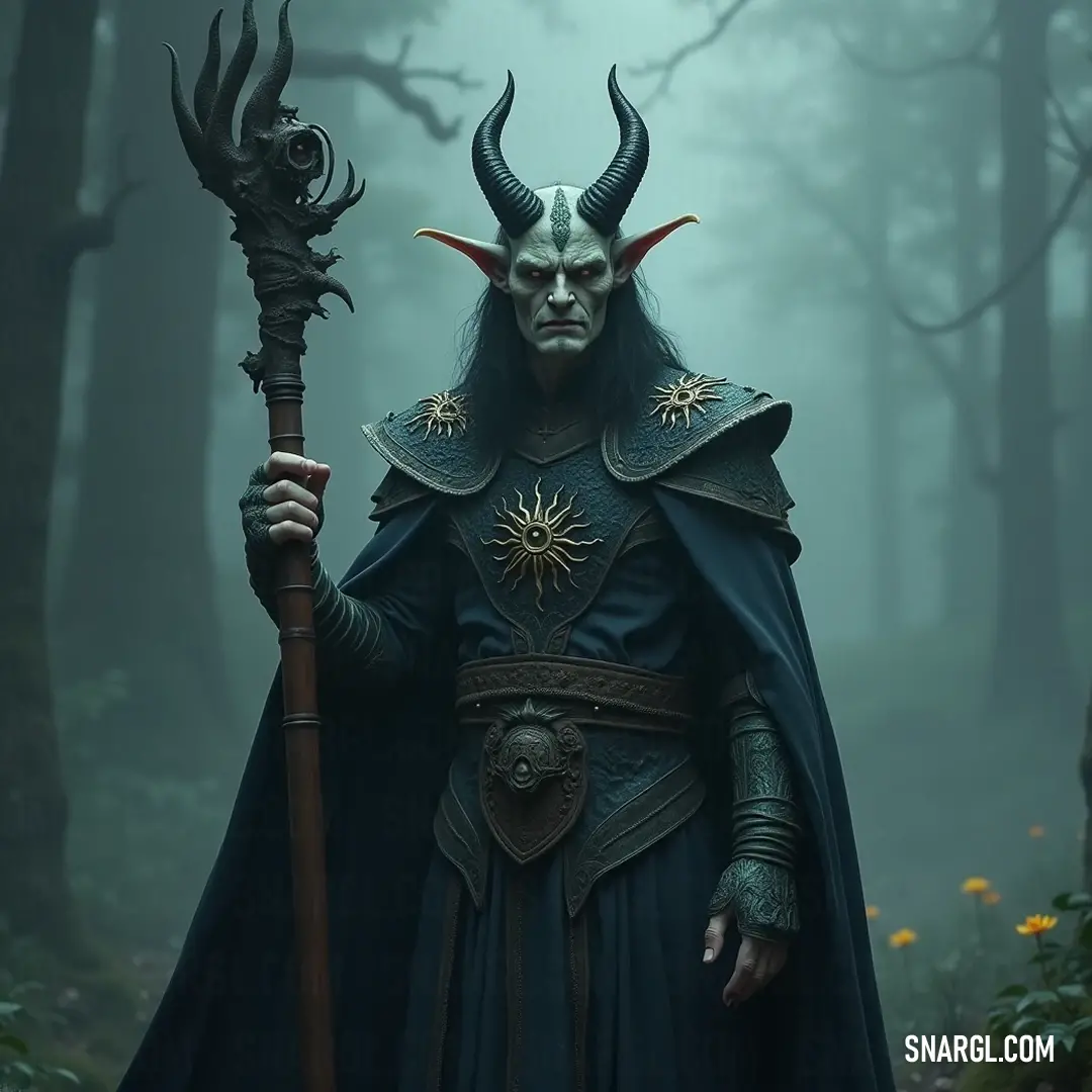 A horned figure holding a staff stands in a colorful forest filled with blooming flowers. In a picturesque forest vibrant with life, a horned figure grips a staff, exuding a sense of mystical authority among blooming flowers and towering trees. The serene surroundings enhance his powerful presence, marking him as a guardian of nature's secrets