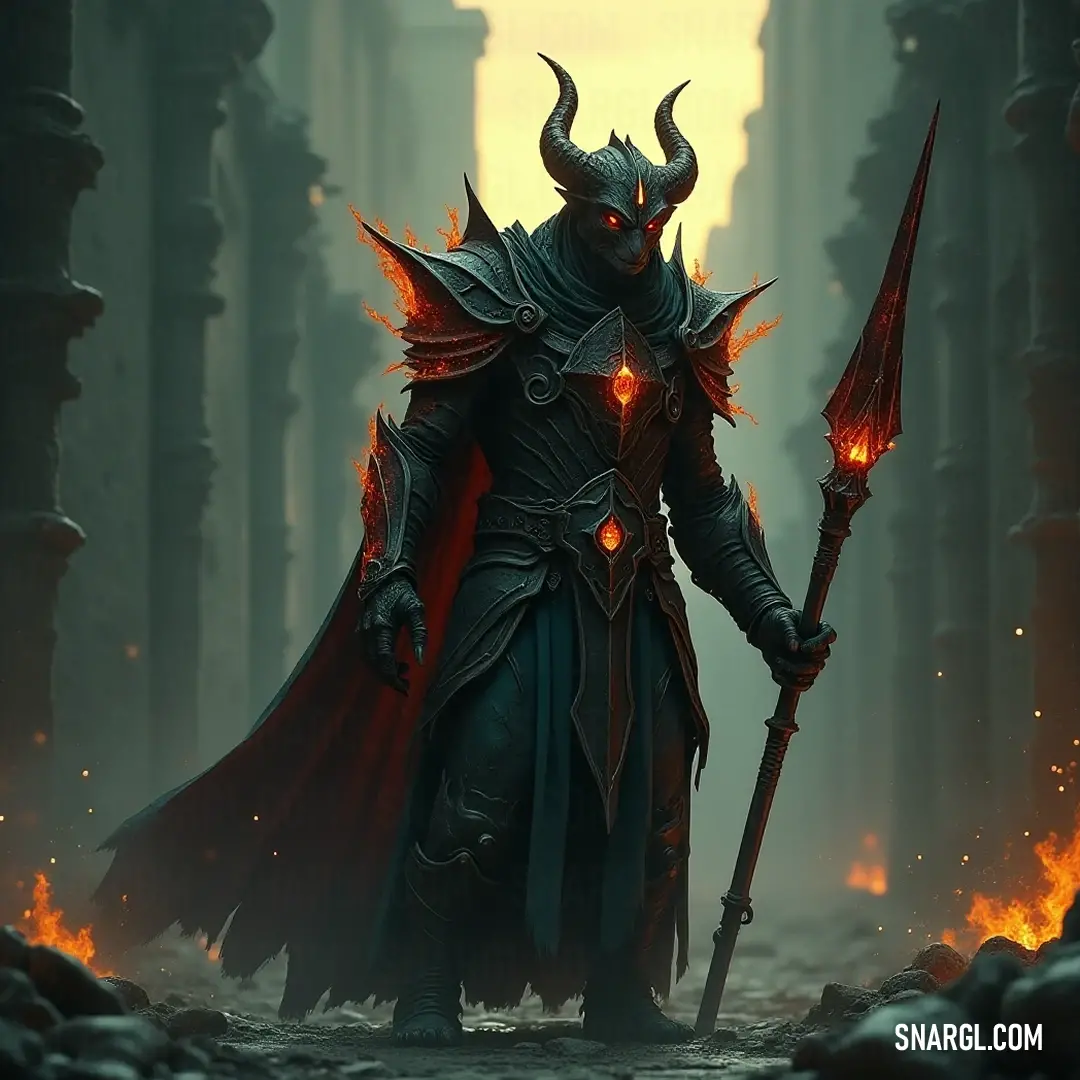 A striking warrior dressed in a horned costume, brandishing a luminous sword and a vibrant flame, stands defiantly in a dense, enchanted forest, with flickering fires highlighting the mystery around him.