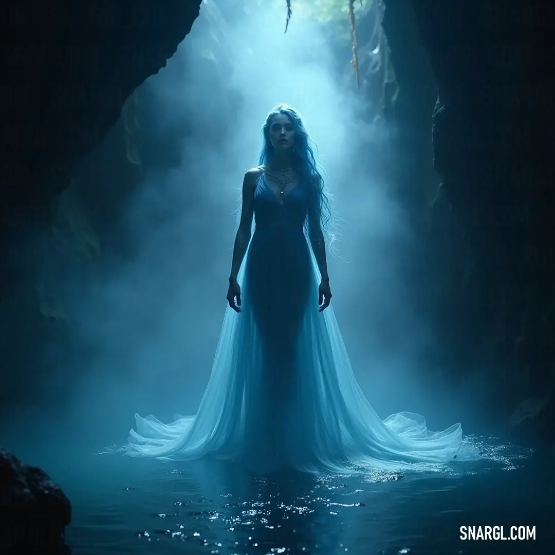 Graceful Vellamo in a flowing blue dress illuminates a mystical cave with a radiant glow and a gentle stream of water. Vellamo, adorning a flowing blue dress, stands elegantly in a mystical cave, illuminated by a soft, radiant light emanating from her head, while a delicate stream of water flows beside her, enhancing the enchanting aura of the setting.