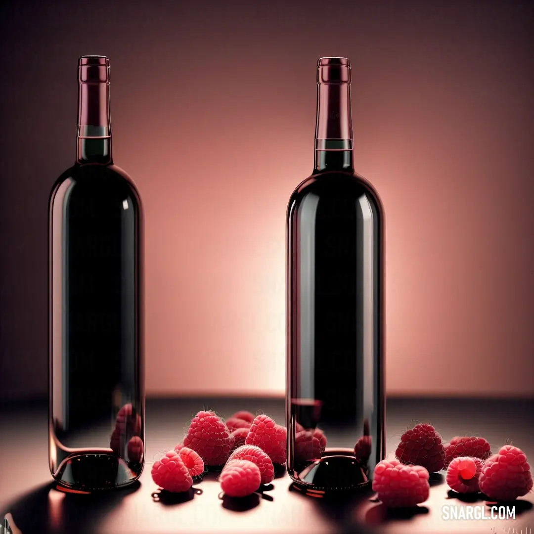 Bottle of wine and some raspberries on a table with a pink background