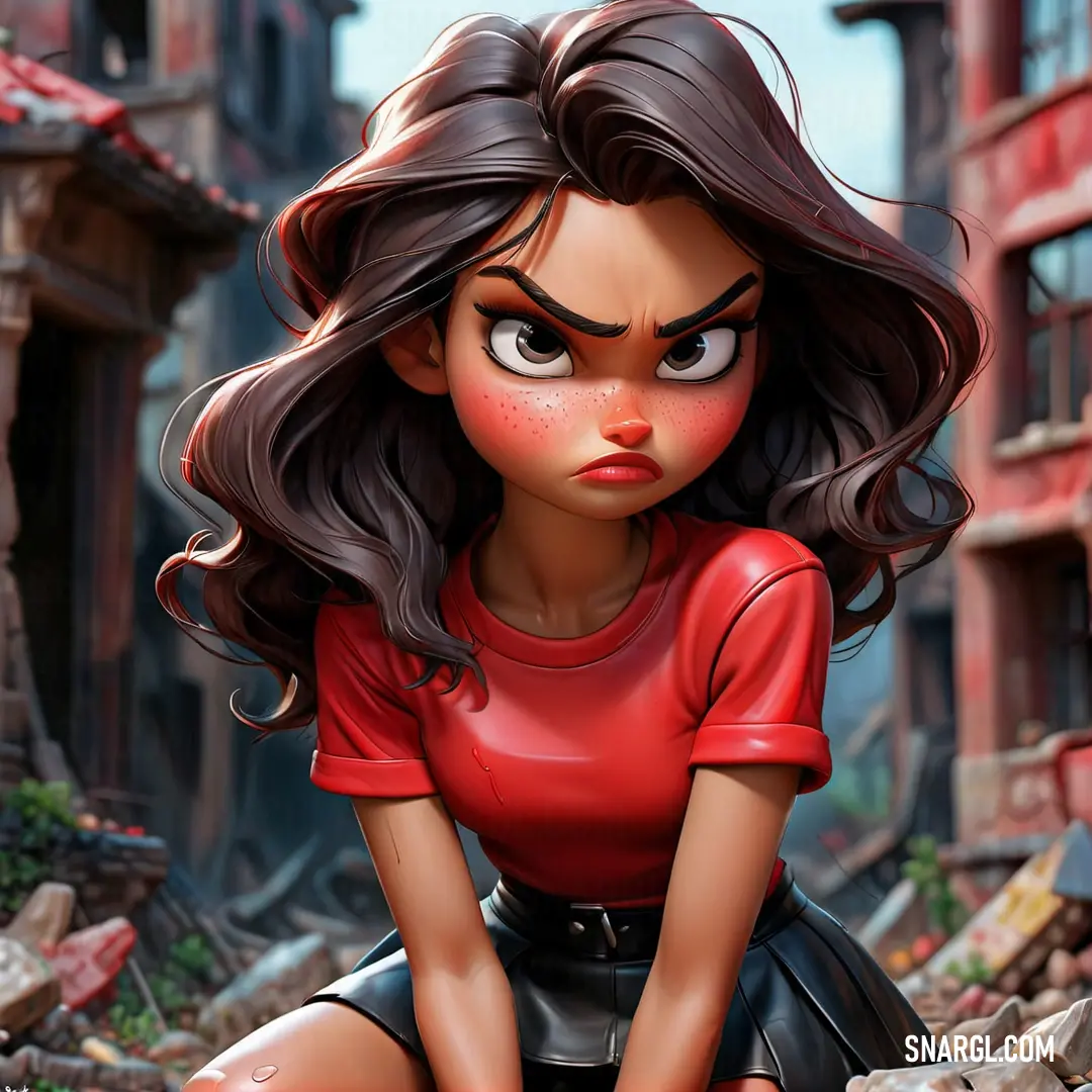 Cartoon girl on a pile of rubble in a red shirt and black skirt with her hands on her knees. Color Venetian red.