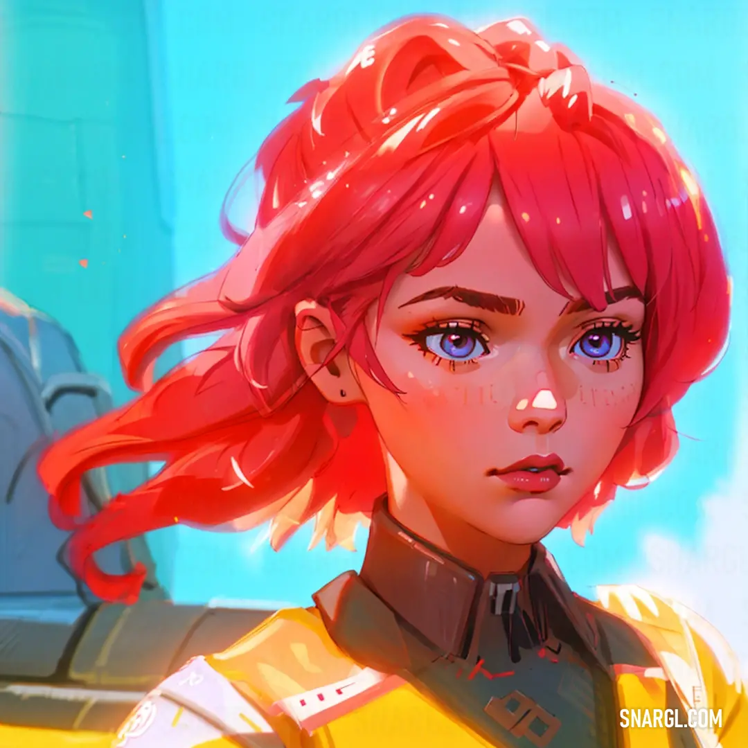 A girl with bright pink hair and blue eyes stands confidently in a futuristic yellow outfit, her expression filled with determination and curiosity about the world around her.