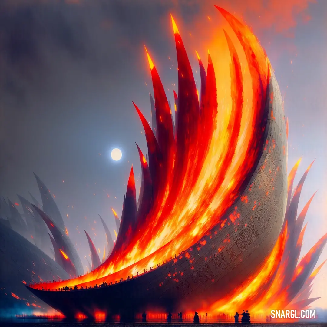 Large structure with a lot of flames on it's side and a full moon in the background