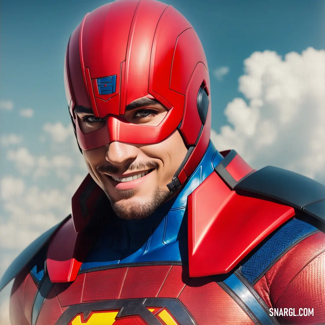 Man in a red and blue costume with a helmet on and a smile on his face and chest
