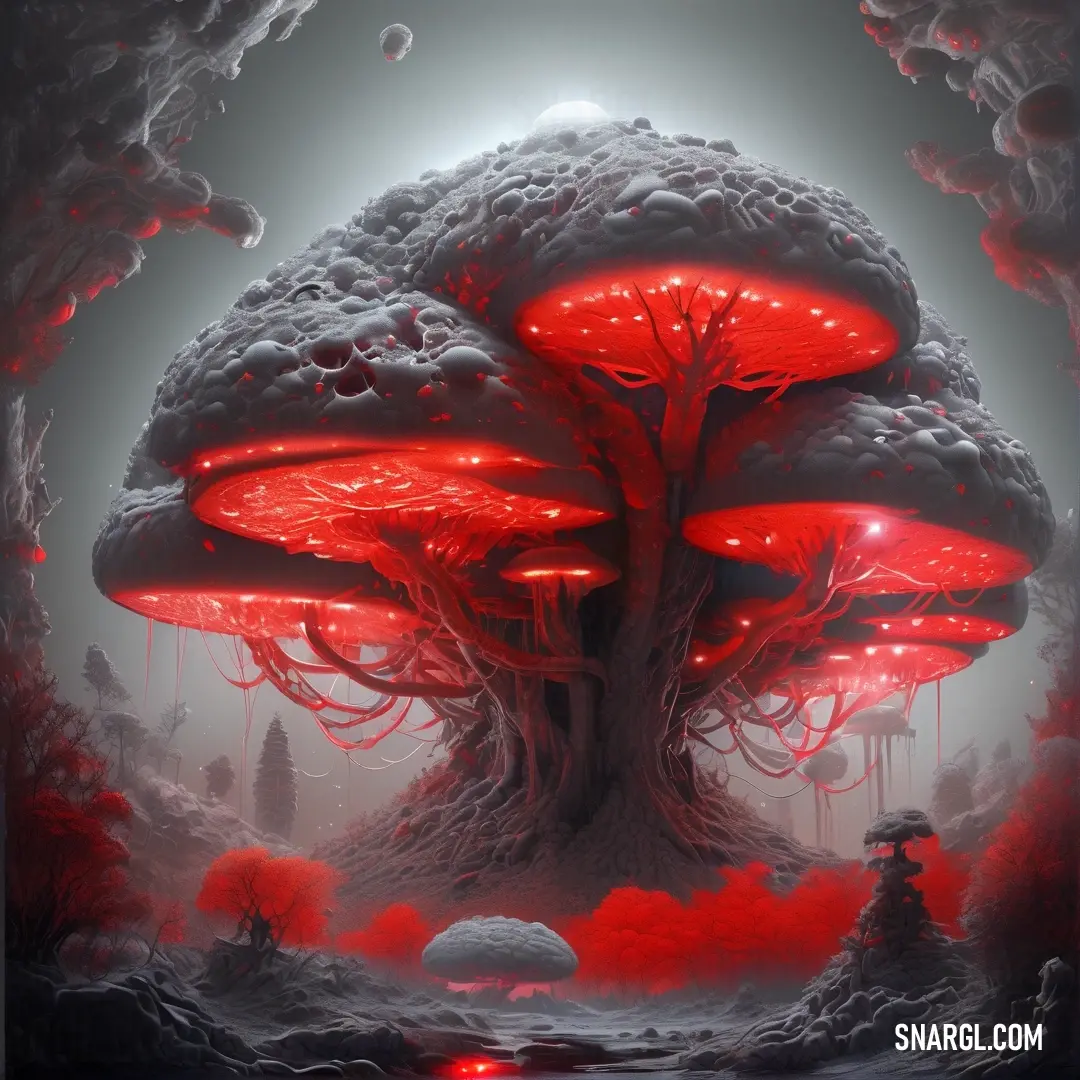 A mystical forest filled with oversized mushrooms, their caps glowing softly with red lights. A man stands in the center, gazing around at the magical scene, as the forest seems alive with color and light.