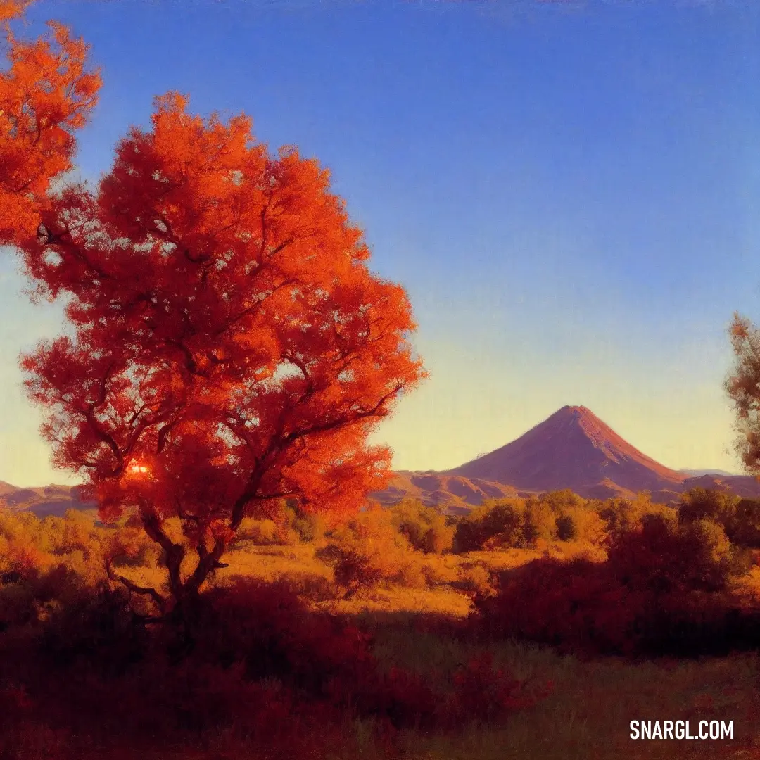 Painting of a tree with a mountain in the background with a bright red tree in the foreground