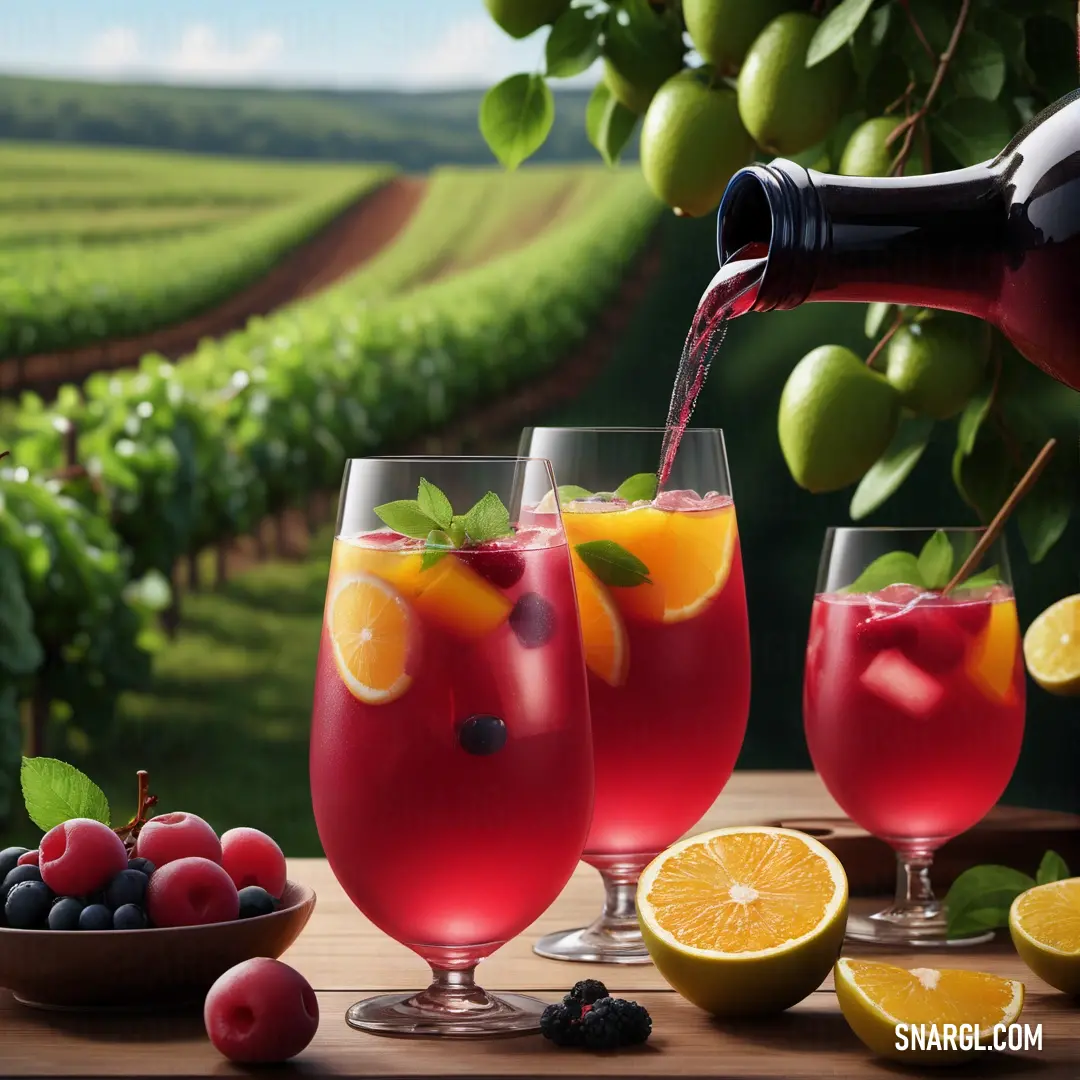 A beautifully arranged pitcher of wine slowly pouring into two elegantly filled glasses adorned with a medley of fresh fruits and berries, accompanied by a bowl of grapes, conveying an inviting atmosphere perfect for gatherings.