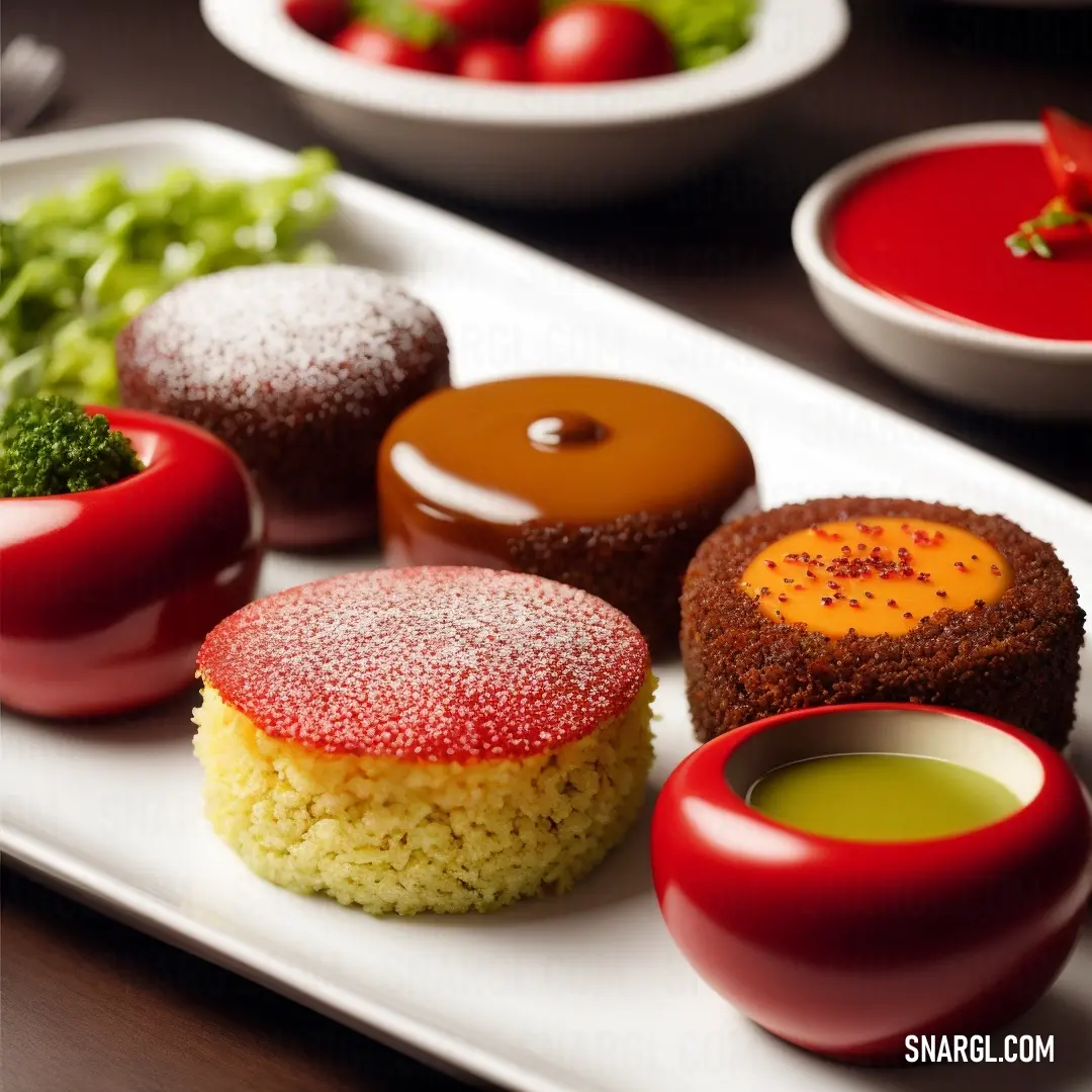 A plate of various desserts and treats is elegantly arranged, with sauces delicately placed around the edges. The Venetian red color brings a sophisticated and vibrant touch to the scene, making it feel like a luxurious indulgence.