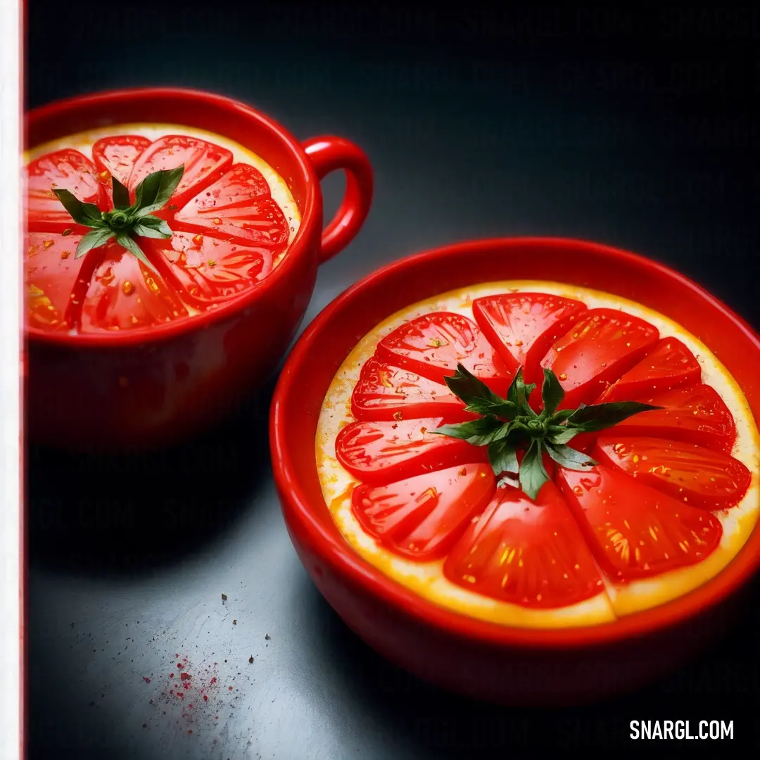 Red bowl with a slice of orange in it and a bowl with a slice of orange in it