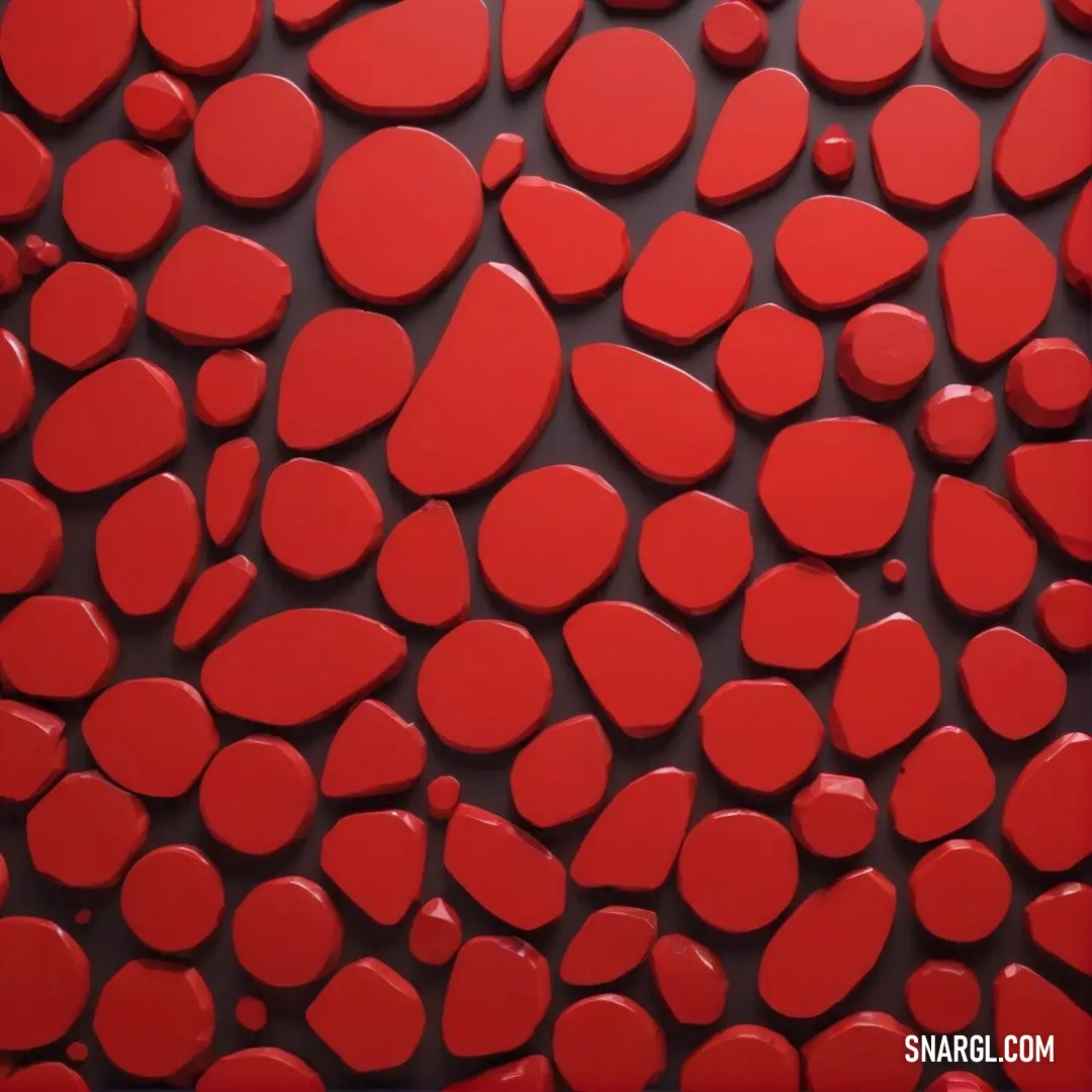 Red wall with many hearts on it and a black background. Example of CMYK 0,96,90,22 color.