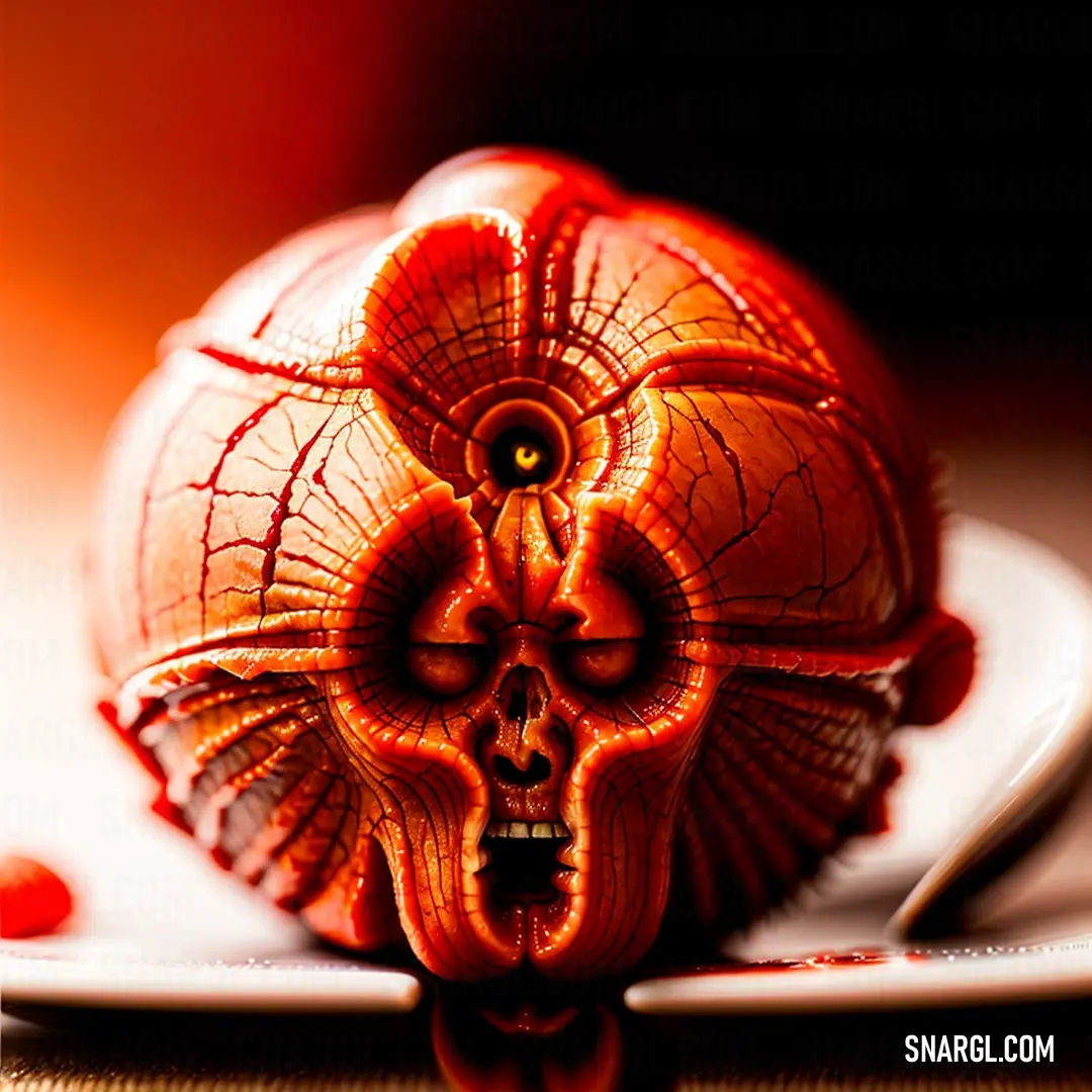 Strange looking object on a plate on a table top with a spoon in front of it and a red background