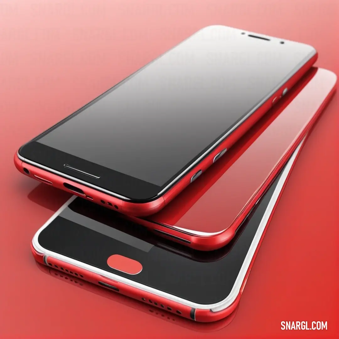 Two red and black phones on top of each other on a red surface. Color RGB 200,8,21.